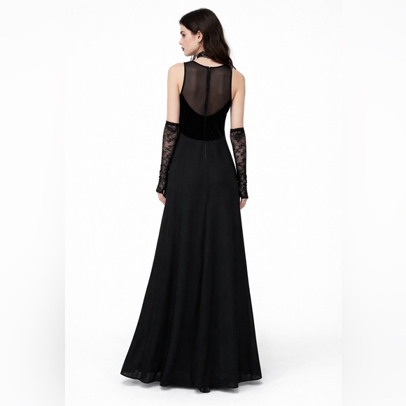 Black Velvet & Mesh Maxi Dress Sheer Back Sleeveless Minimalist Gown Unbranded M - Picture 2 of 13